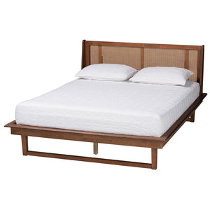 Baxton Studio Baxton Aveena Queen Platform Bed - Mid-Century Modern Walnut Finish with Wingback Headboard Design MG0004-3-Ash Walnut/Rattan-Queen