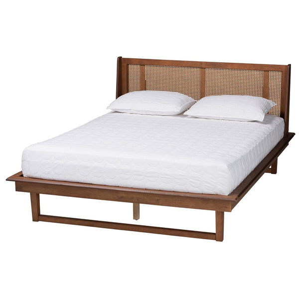 Baxton Studio Baxton Aveena Queen Platform Bed - Mid-Century Modern Walnut Finish with Wingback Headboard Design MG0004-3-Ash Walnut/Rattan-Queen