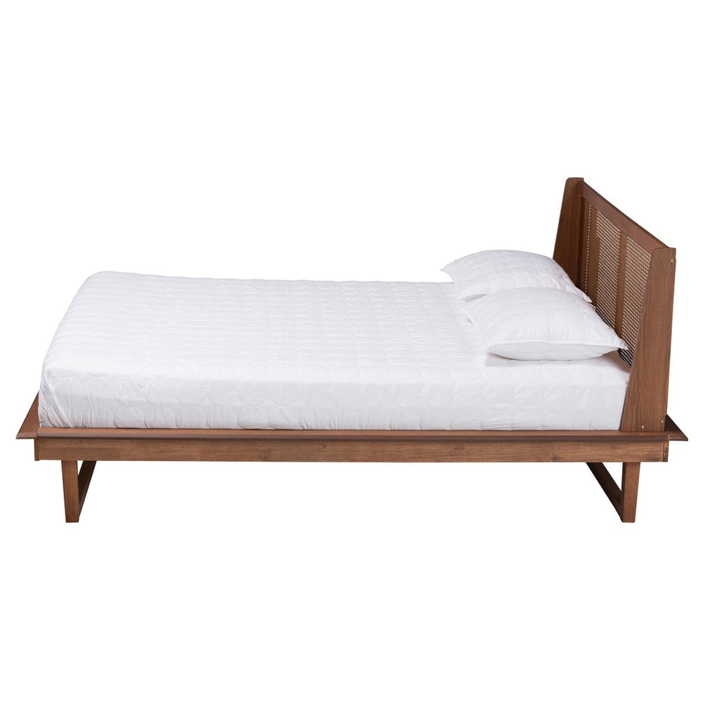 Baxton Studio Baxton Aveena Queen Platform Bed - Mid-Century Modern Walnut Finish with Wingback Headboard Design MG0004-3-Ash Walnut/Rattan-Queen