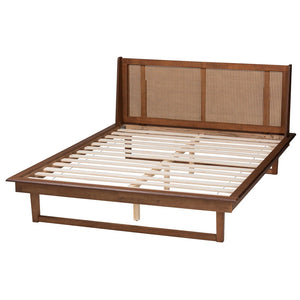 Baxton Studio Baxton Aveena Queen Platform Bed - Mid-Century Modern Walnut Finish with Wingback Headboard Design MG0004-3-Ash Walnut/Rattan-Queen