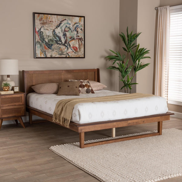 Baxton Studio Baxton Aveena Queen Platform Bed - Mid-Century Modern Walnut Finish with Wingback Headboard Design MG0004-3-Ash Walnut/Rattan-Queen