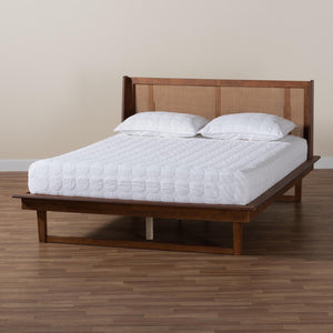 Baxton Studio Baxton Aveena Queen Platform Bed - Mid-Century Modern Walnut Finish with Wingback Headboard Design MG0004-3-Ash Walnut/Rattan-Queen