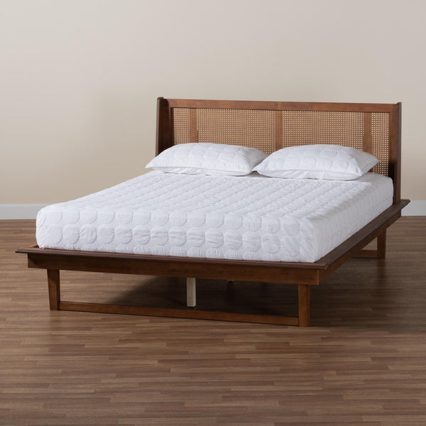 Baxton Studio Baxton Aveena Queen Platform Bed - Mid-Century Modern Walnut Finish with Wingback Headboard Design MG0004-3-Ash Walnut/Rattan-Queen