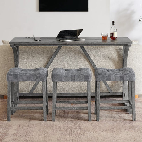 English Elm 59 Inch Bar Table Set with Power Outlet Rubberwood Frame and 3 Linen Stools Grey W2972P385254