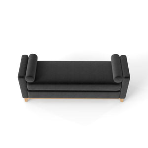 English Elm 66.34 Inch Sherpa Fleece Bench with Fluted Wood Legs Bolster Pillows Mid-century Lounge Black+Natural W1658P445920