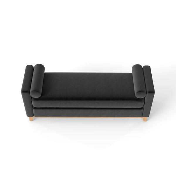 English Elm 66.34 Inch Sherpa Fleece Bench with Fluted Wood Legs Bolster Pillows Mid-century Lounge Black+Natural W1658P445920