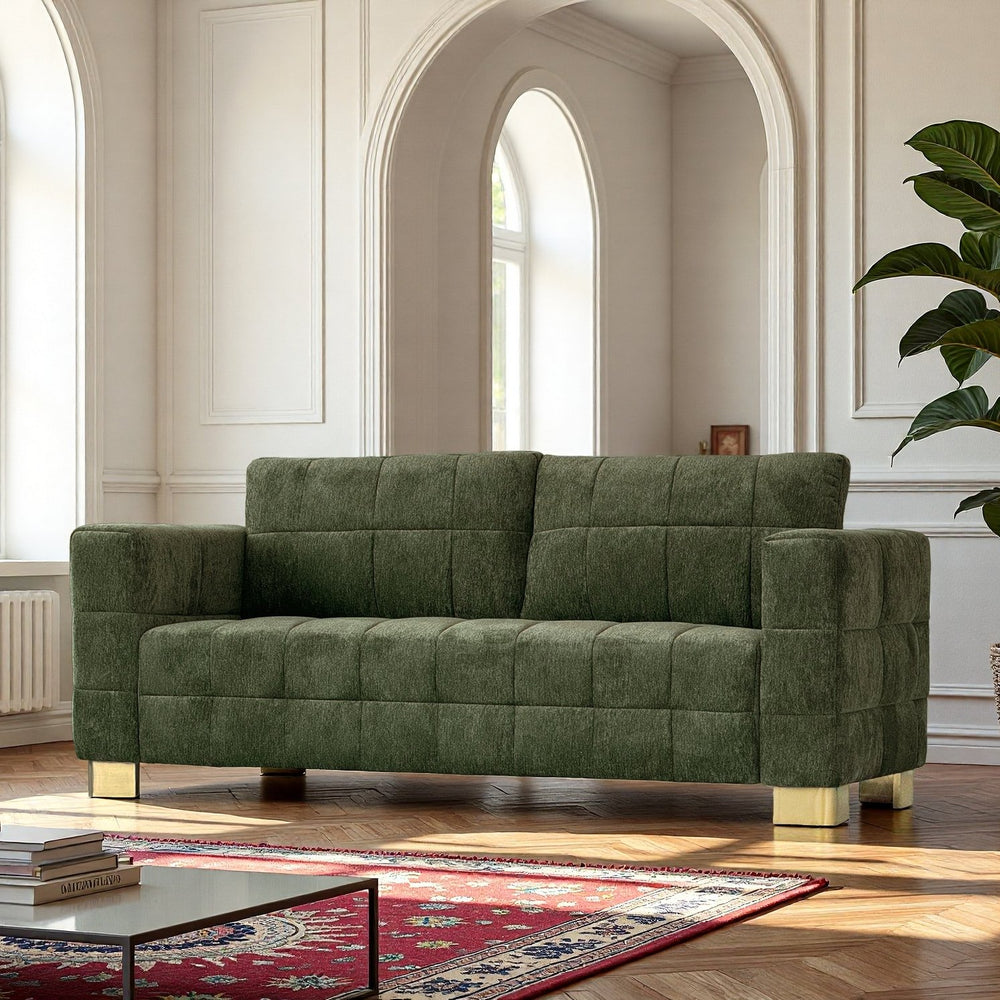 English Elm FX-P54-RB Modern Chenille 3-Seater Sofa with Wide Arms, Tufted Box Stitching & Stainless Legs for Durable Comfort Retro Green W576S00166