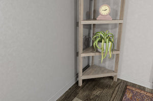 English Elm 4-shelf Tall Corner Bookcase Open Display Unit Walnut Wood for Living Room Gray Wash B2751P436410