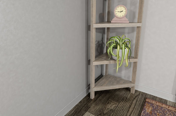 English Elm 4-shelf Tall Corner Bookcase Open Display Unit Walnut Wood for Living Room Gray Wash B2751P436410