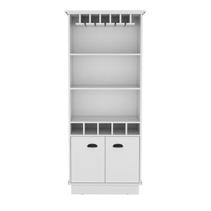 English Elm Dundee Tall White Bar Cabinet with Glass Panel Doors Open Cubbies and Display Shelves B200S00385