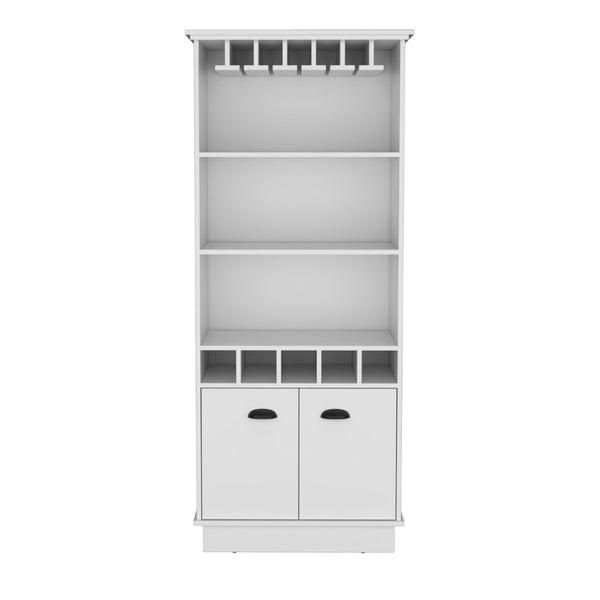 English Elm Dundee Tall White Bar Cabinet with Glass Panel Doors Open Cubbies and Display Shelves B200S00385