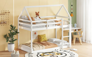 English Elm Twin Rubber Wood Floor Bunk Bed House-Shaped Design with Ladder Guardrails Sturdy Low-Profile Retreat White W504P206864