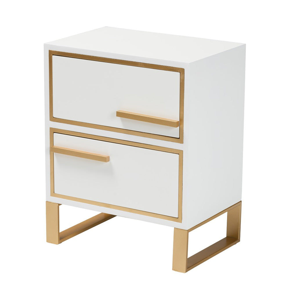 Baxton Studio Baxton Studio Giolla Glam End Table with Gold Metal Accents and Two Spacious Drawers for Storage White JY21A014-Wood/Metal-White/Gold-ET