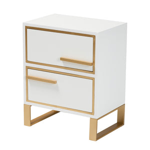 Baxton Studio Baxton Studio Giolla Glam End Table with Gold Metal Accents and Two Spacious Drawers for Storage White JY21A014-Wood/Metal-White/Gold-ET
