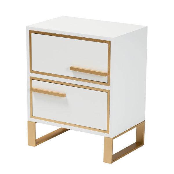 Baxton Studio Baxton Studio Giolla Glam End Table with Gold Metal Accents and Two Spacious Drawers for Storage White JY21A014-Wood/Metal-White/Gold-ET