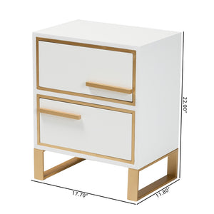Baxton Studio Baxton Studio Giolla Glam End Table with Gold Metal Accents and Two Spacious Drawers for Storage White JY21A014-Wood/Metal-White/Gold-ET