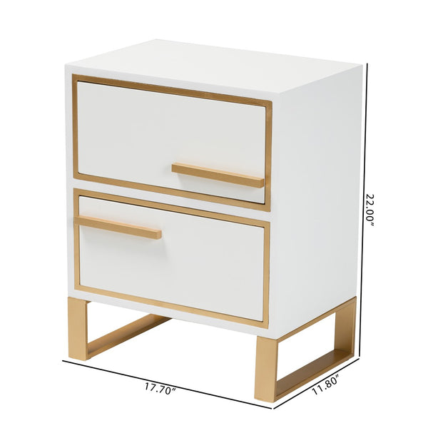 Baxton Studio Baxton Studio Giolla Glam End Table with Gold Metal Accents and Two Spacious Drawers for Storage White JY21A014-Wood/Metal-White/Gold-ET