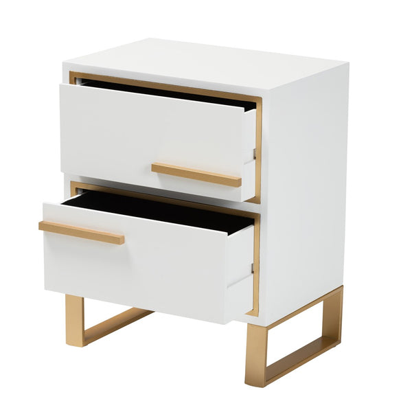 Baxton Studio Baxton Studio Giolla Glam End Table with Gold Metal Accents and Two Spacious Drawers for Storage White JY21A014-Wood/Metal-White/Gold-ET