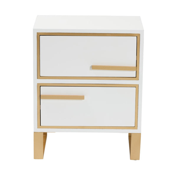 Baxton Studio Baxton Studio Giolla Glam End Table with Gold Metal Accents and Two Spacious Drawers for Storage White JY21A014-Wood/Metal-White/Gold-ET