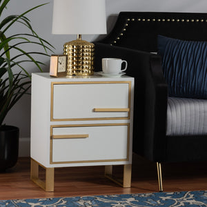 Baxton Studio Baxton Studio Giolla Glam End Table with Gold Metal Accents and Two Spacious Drawers for Storage White JY21A014-Wood/Metal-White/Gold-ET