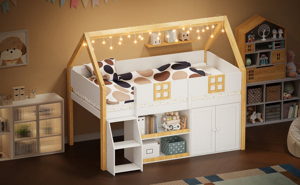 English Elm Twin-size Pine Low Loft Bed with House Canopy Step Stairs Storage Cabinet Led Lights N7090005032K