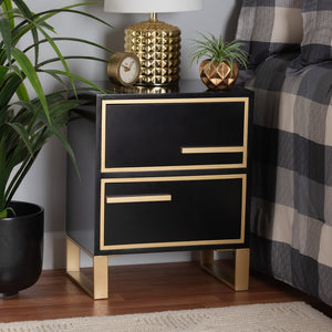 Baxton Studio Baxton Studio Giolla Glam End Table with Gold Metal Accents and Two Spacious Drawers for Storage Black JY21A015-Wood/Metal-Black/Gold-ET