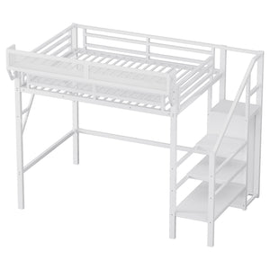 English Elm Twin Twin Size Loft Bed with Stairs and Built-In Shelves, Metal High Loft with Wardrobe for Kids Teens White W2580S00036