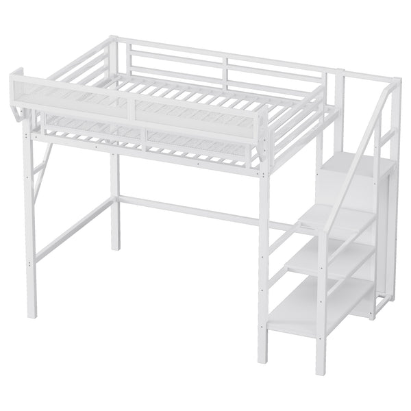 English Elm Twin Twin Size Loft Bed with Stairs and Built-In Shelves, Metal High Loft with Wardrobe for Kids Teens White W2580S00036