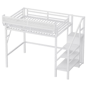 English Elm Twin Metal High Loft Bed with Staircase Storage Wardrobe for Kids and Teens White W2580S00061