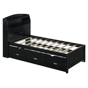 English Elm Twin LED Platform Bed with Trundle and Under-Storage Drawers, Flip-Up Headboard, USB Ports Espresso N820S10008D