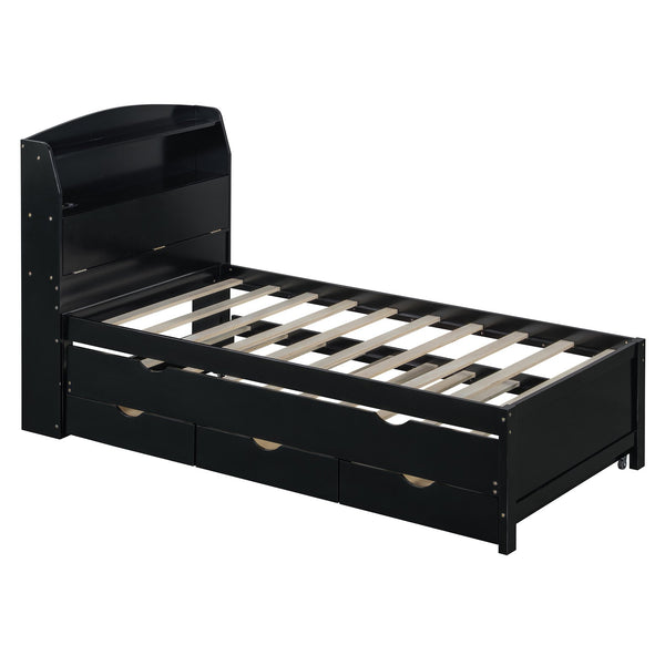 English Elm Twin LED Platform Bed with Trundle and Under-Storage Drawers, Flip-Up Headboard, USB Ports Espresso N820S10008D