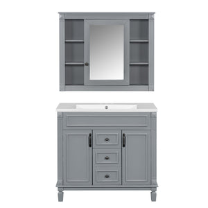English Elm 36'' Bathroom Vanity with Sink and Mirror Cabinet, Modern MDF & Solid Wood Design, Ceramic Top, Soft-Close Doors Grey SW000115AAE-1