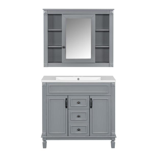 English Elm 36'' Bathroom Vanity with Sink and Mirror Cabinet, Modern MDF & Solid Wood Design, Ceramic Top, Soft-Close Doors Grey SW000115AAE-1