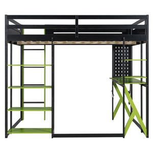 English Elm Full Size Loft Bed with Rgb Lighting Chevron Desk Usb Charging Ports and Storage Shelves Black+Green LT000286AAG