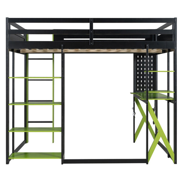 English Elm Full Size Loft Bed with Rgb Lighting Chevron Desk Usb Charging Ports and Storage Shelves Black+Green LT000286AAG
