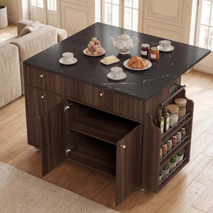 English Elm Kitchen Rolling Cart with Black Marble Top Drop Leaf Drawers and Spice Rack Storage Walnut B2764S00007
