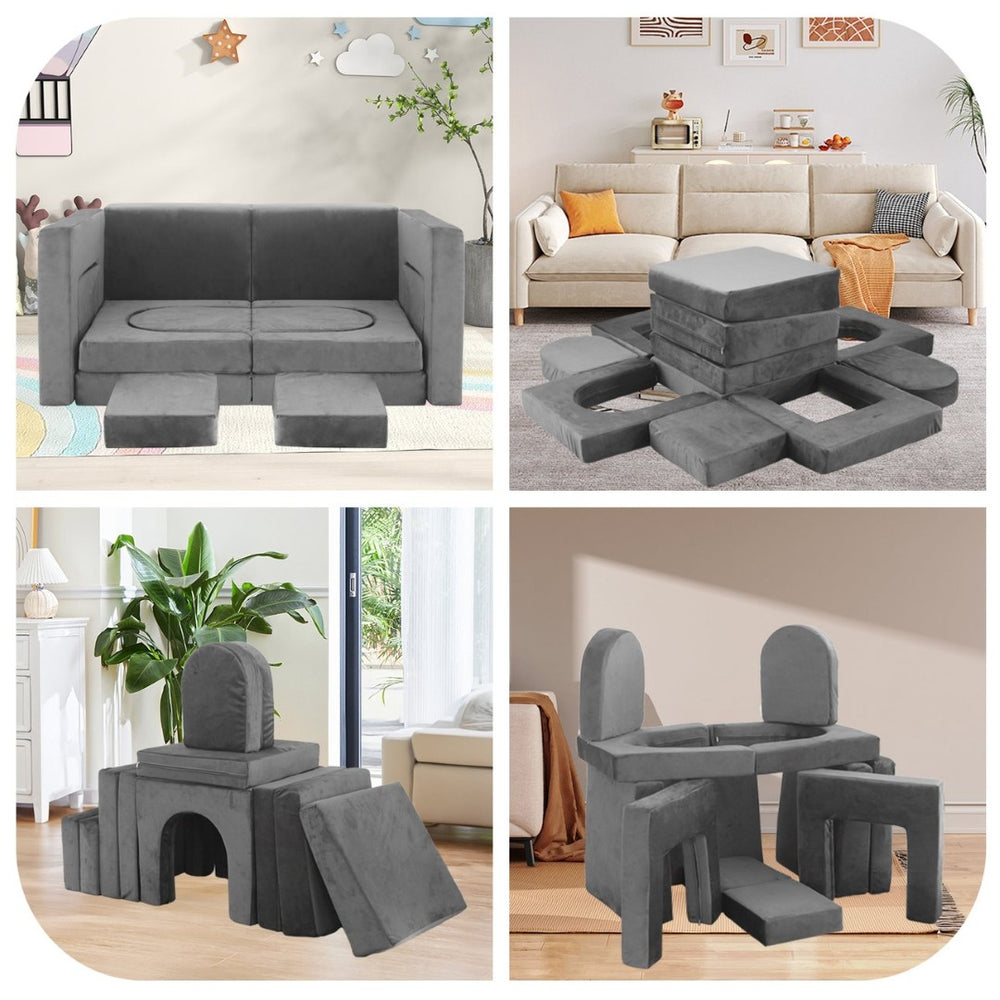 English Elm 12 Piece Modular Foam Play Couch Set Velvet Convertible Sofa Fort for Kids Playroom Dark Gray T5880P493404