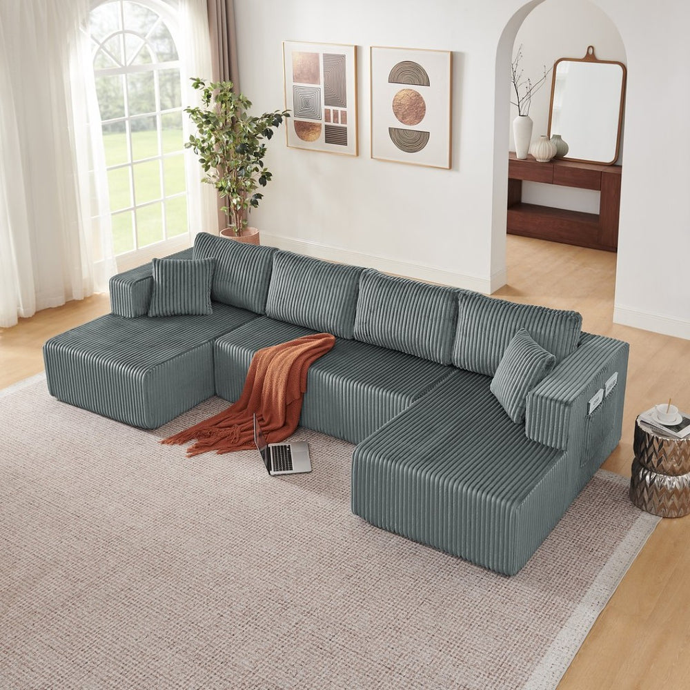 English Elm 132" U-shaped Modular Corduroy Sectional with Deep Foam Cushions for Living Room Dark Grey W5802S00003