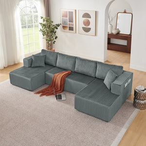 English Elm 132" U-shaped Modular Corduroy Sectional with Deep Foam Cushions for Living Room Dark Grey W5802S00003