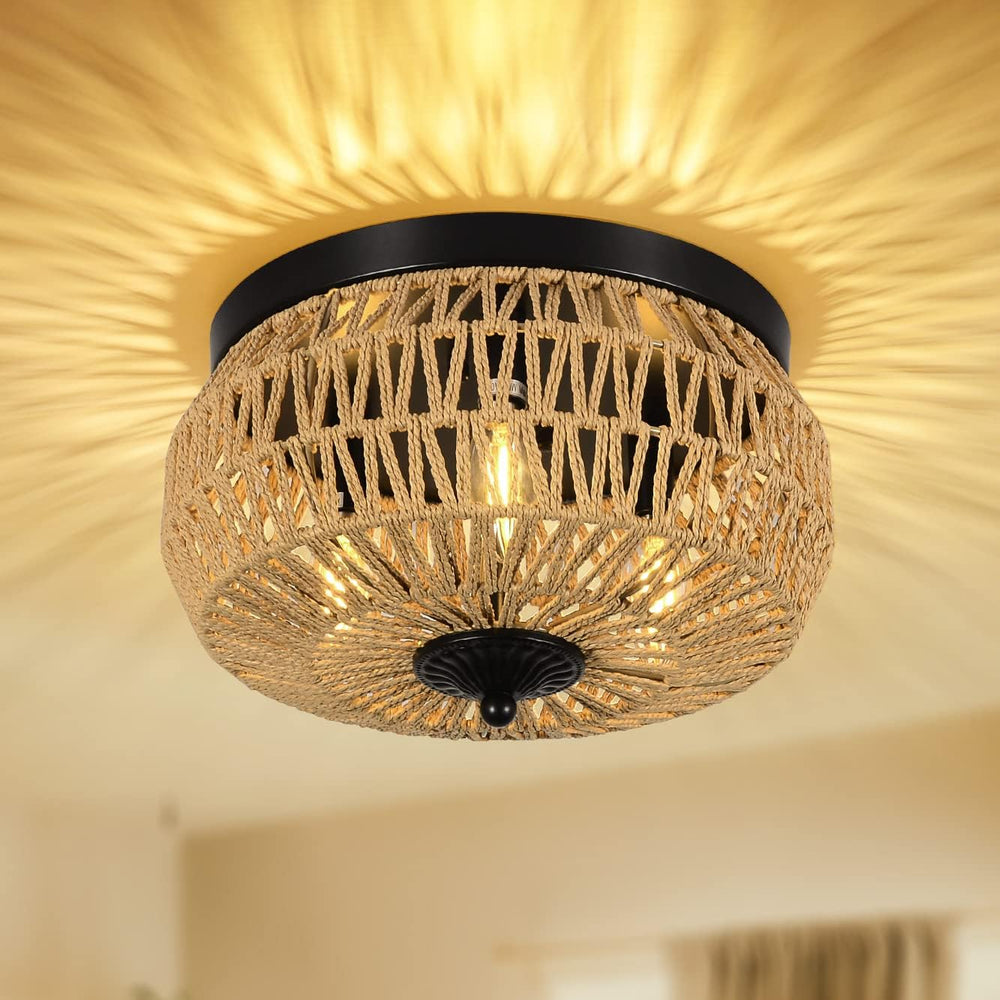 English Elm 3-Lights Woven Rattan Flush Mount Ceiling Light, Hand-Woven Cage Shade, Eco-Friendly Boho Fixture W2738P185409