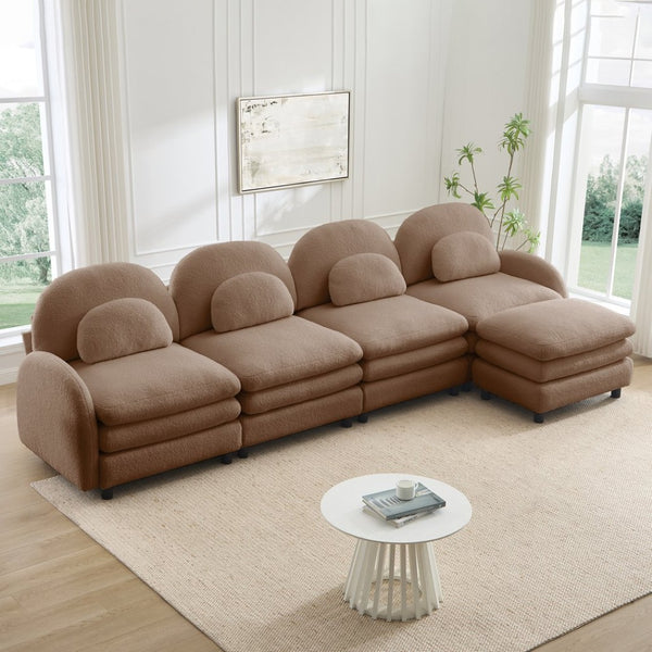 English Elm Teddy Fleece Curved Modular Sectional Sofa with Ottoman Four Seat Cloud Comfort Camel W5656S00108