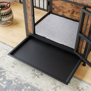 English Elm Dog Crate Furniture Wooden Kennel with Iron Frame Dual Sliding Doors Indoor Side Table W840P203065
