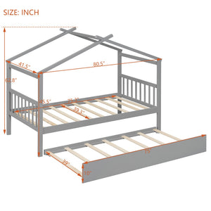 English Elm Twin House Bed Solid Pine Cottage Frame with Pull Out Trundle for Kids Bedroom Gray N708P309238E