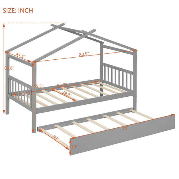 English Elm Twin House Bed Solid Pine Cottage Frame with Pull Out Trundle for Kids Bedroom Gray N708P309238E