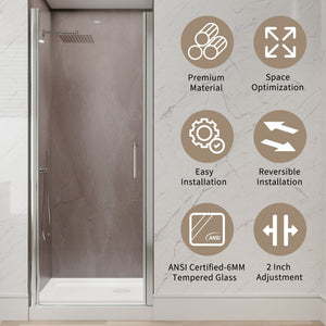 English Elm 30--32 in Frameless Pivot Shower Door Clear Tempered Glass Chrome Hardware Reversible W63777026