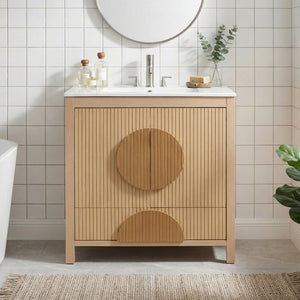 English Elm 30 Inch Fluted Freestanding Bathroom Vanity Solid Wood Soft Close Spa Style W5278S00004