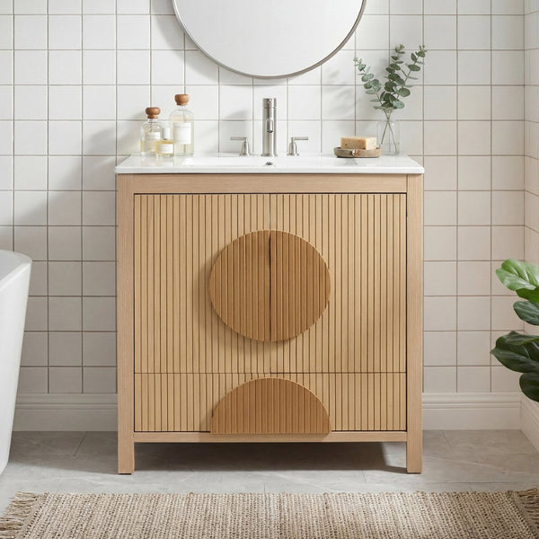 English Elm 30 Inch Fluted Freestanding Bathroom Vanity Solid Wood Soft Close Spa Style W5278S00004