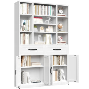 English Elm 71" Tall Metal Bookcase with Open Shelves Drawers and Cabinet Doors for Modern Office T2398S00001