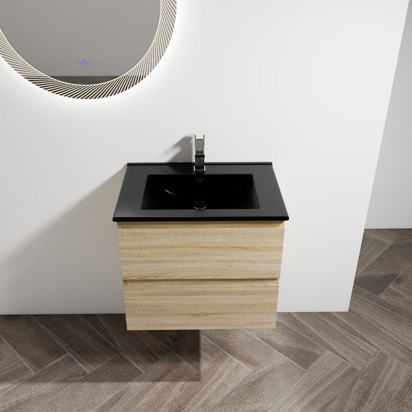 English Elm 24" Wall-Mounted Bathroom Vanity With Black Sink, 2 Soft-Close Drawers - Ideal For Compact Spaces! W999S00192