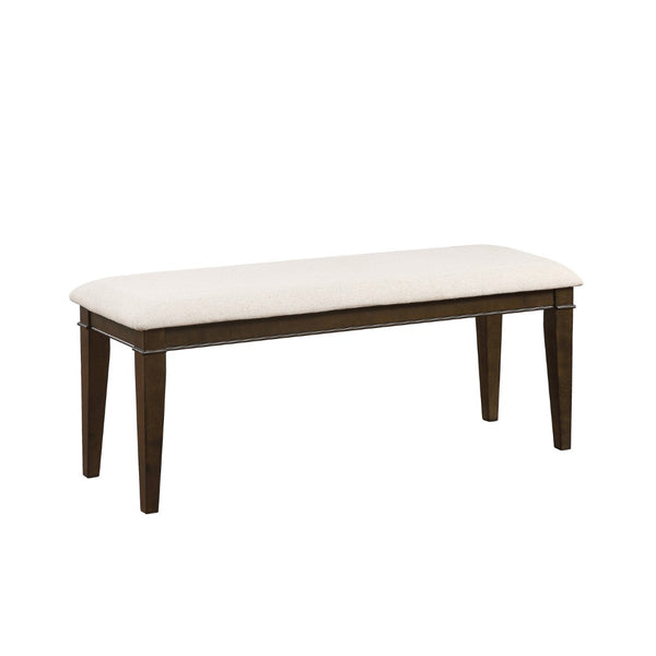 English Elm Dark Brown Oak Veneer Expandable Dining Set with Bench Beige Upholstered Chairs B011S00986
